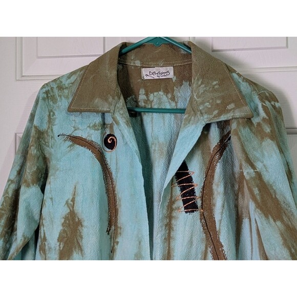 VTG Art-To-Wear Blazer Jacket Womens Medium Turquoise Beige Toggle Closure Boho - Picture 2 of 8